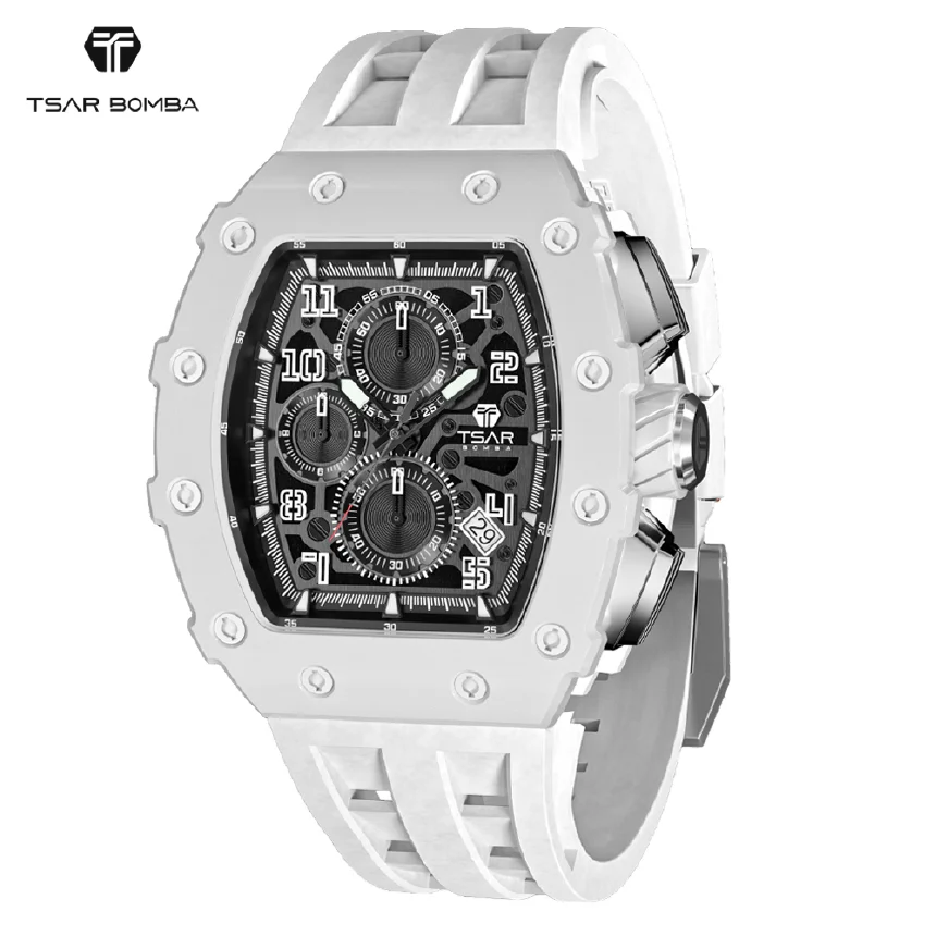 

TSAR BOMBA White Watches Men 5ATM Waterproof Quartz Wristwatch Fashion Clock Luxury Watch for Men
