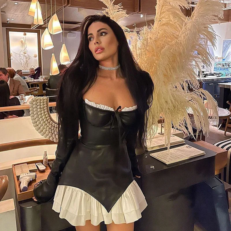 

Женское пикантное винтажное кожаное мини-платье HEZIOWYUN с пышными длинными рукавами и глубоким круглым вырезом, лоскутное многослойное повсе...