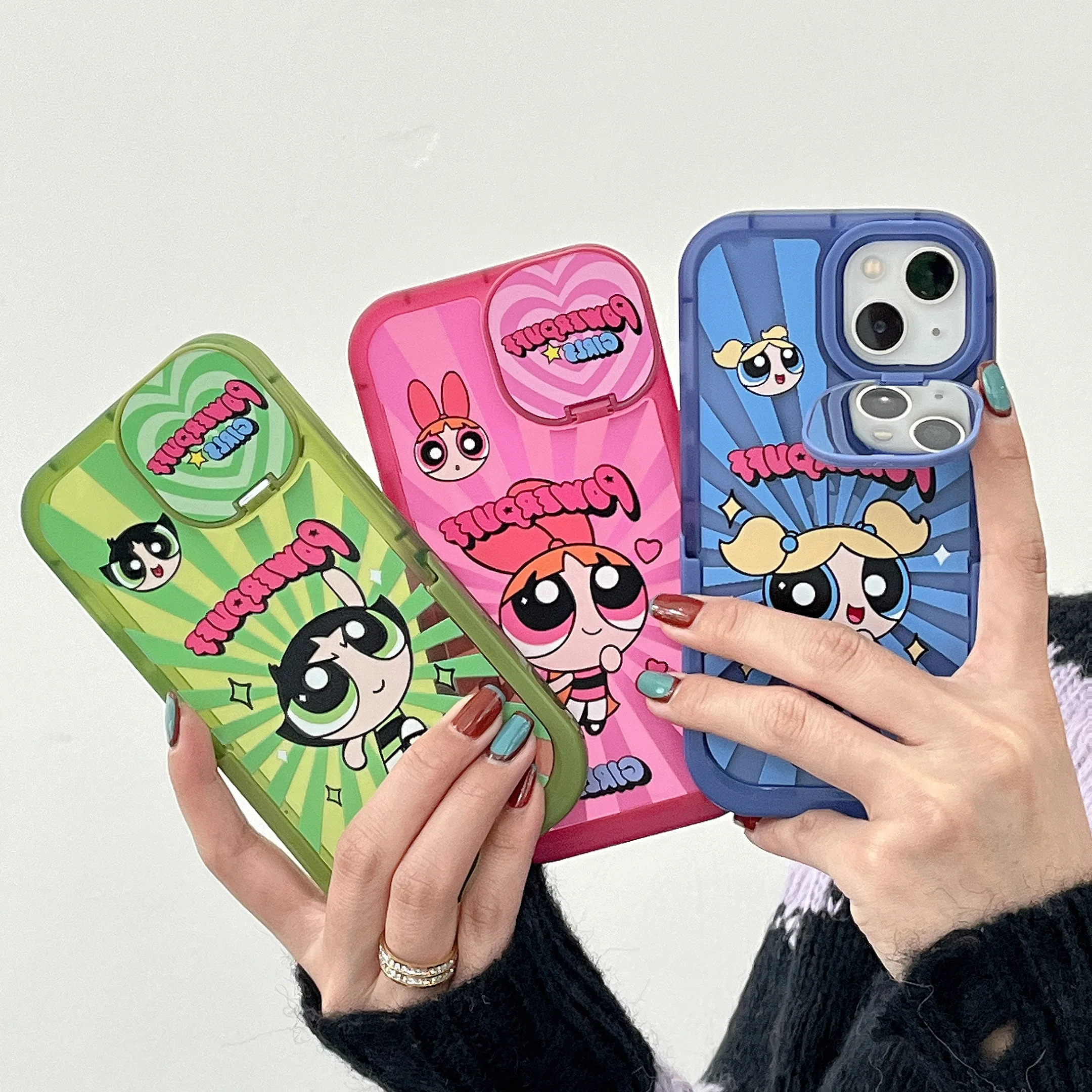 

Cartoon Powerpuffs Girls with Makeup Mirror Phone Case For iPhone 14 13 12 11 Pro Max XR X Plus Lady Girl Shockproof Soft Shell