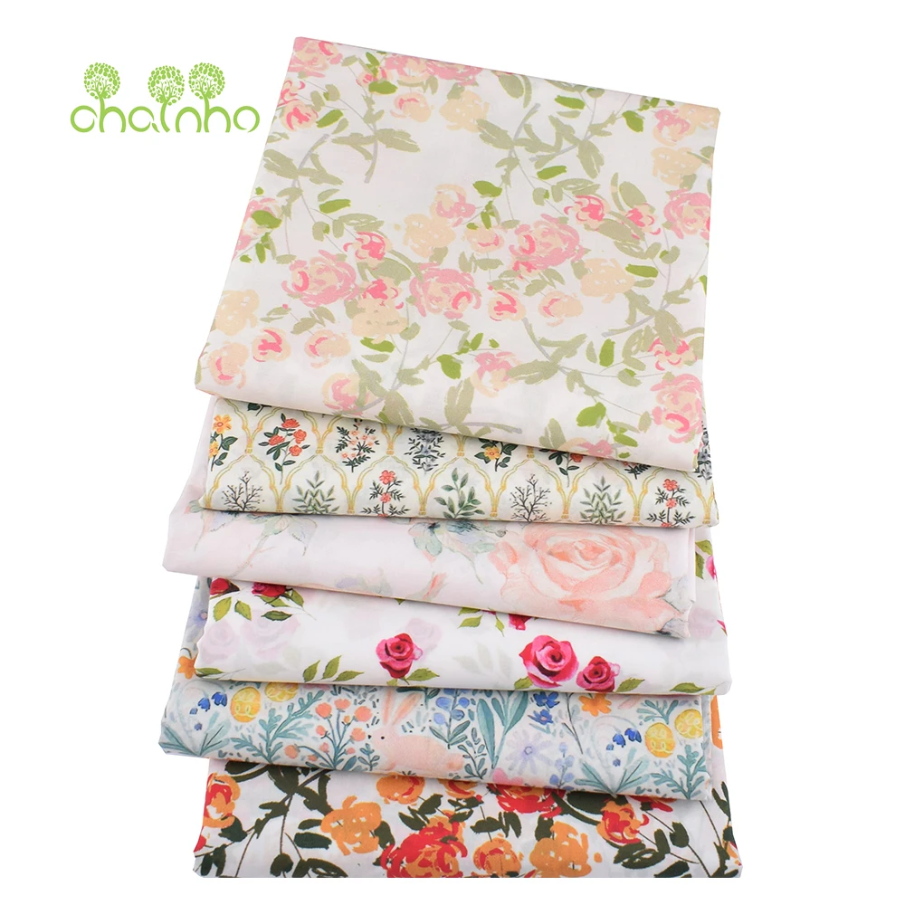 Chainho,Floral Series 60S Reactive Printed Plain Cotton Fabric,Poplin Material For DIY Quilting Sewing Children's Dresses,Skirts
