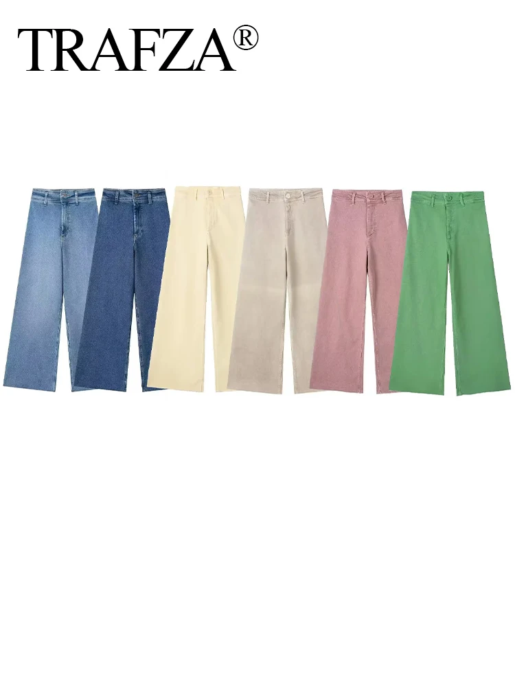

TRAF ZA Woman Elegant Pocket Button Zipper Decorate Casual Straight Leg Pant Women Vintage High Waist Solid Color Jeans Trouser