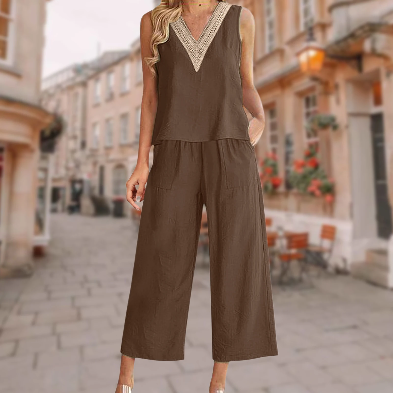 

Women Summer 2 Piece Outfits Solid Color Cotton Linen Casual Shirt Pants Set Wide Leg Sleeveless Boho Style Vacation Outfit