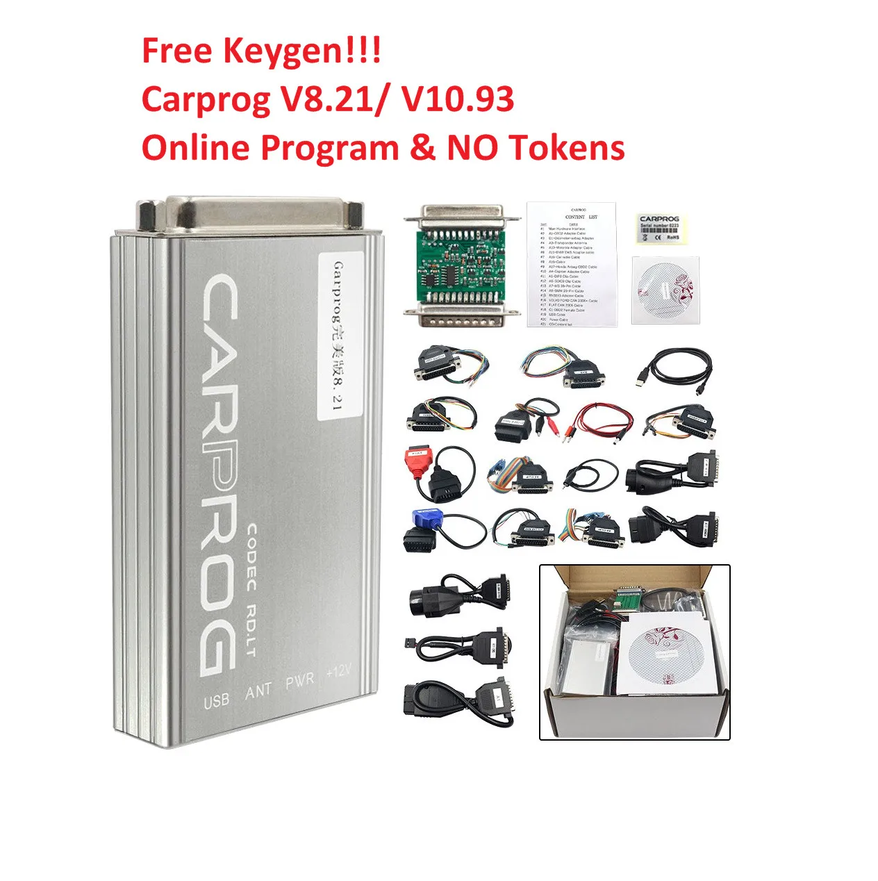 

Полный комплект CARPROG V8.21, онлайн-версия, модель Keygen V10.93, автомобильная модель 8,21, идеальное разрешение, 21 адаптер