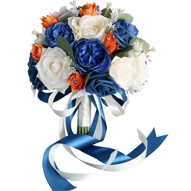 

Свадебный искусственный синий оранжевый цветочный букет, украшения, ручной цветочный орнамент