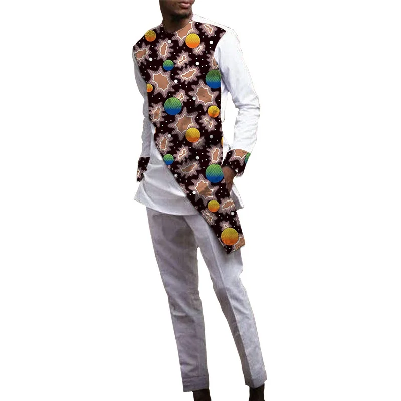 

High-Fashion Men's Pant Set Patchwork Shirts Asymmetrical Design Tops+Solid White Trousers Male African Wedding Groom Suit