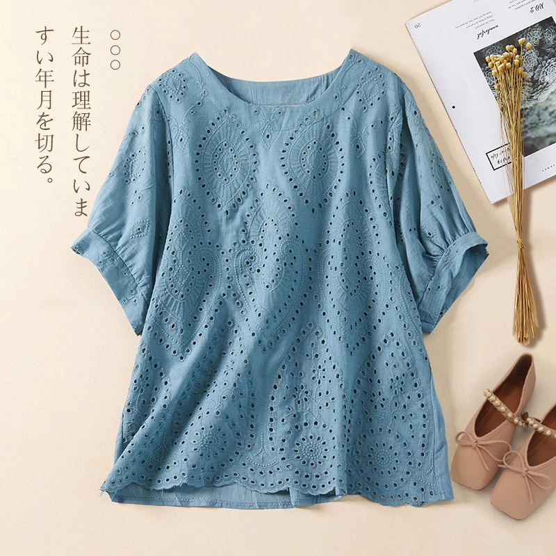

Elegant Women's Blouse Summer Round Neck Short Sleeve Cotton Blouse Vintage Shirt Embroidery Hollow Out Casual Women Tops