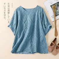 elegant womens blouse summer round neck short sleeve cotton blouse vintage shirt embroidery hollow out casual women tops