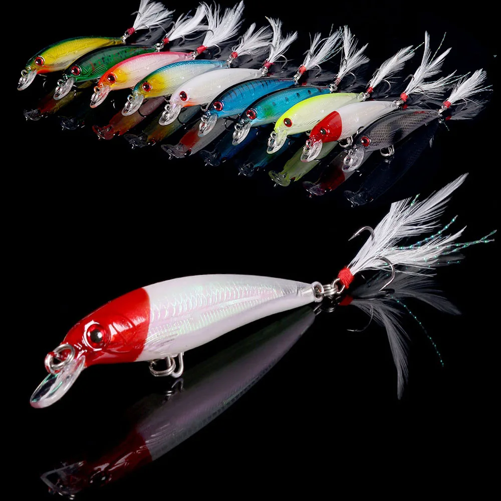 

1Pcs Laser Minnow Fishing Lure 9cm 7.2g Jerkbait Pesca Feather Hooks Fish Wobbler Tackle Crankbait Artifical Hard Bait Swimbait