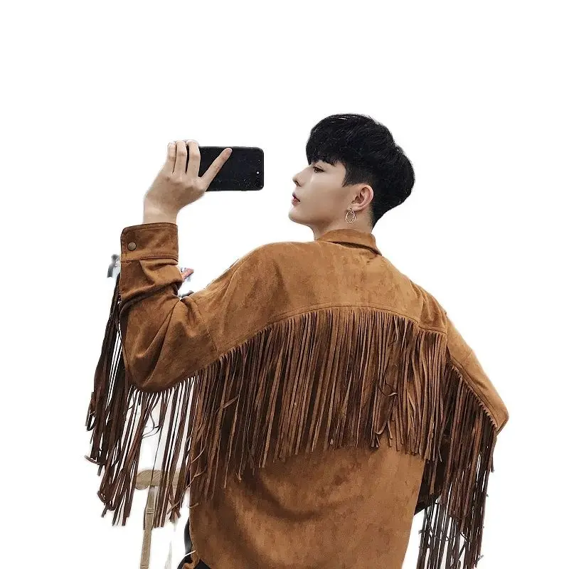 Женская замшевая рубашка с длинными рукавами элегантная дизайнерская бахромой