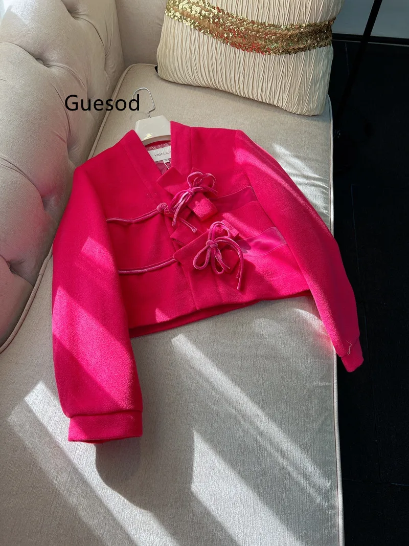 

Women Rose Red Coat Vintage Designer Exquisite Bow Chinese Rose Red Top Quality Ladies Outerwear New