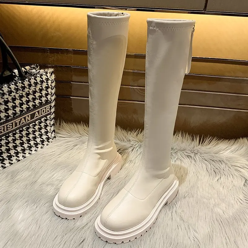 Women Thigh High Boots Women Casual Plush Knee Boots Brand Designer Zip Ladies Leather Long Boots White Mujer Shoes 2023 Botte