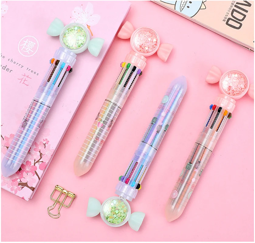 10Pcs/Lot Cute Stationery 10 Color Sequins Butterfly Rabbit Cat Ballpoint Pen School Office Multicolored Pens Colorful Refill images - 6