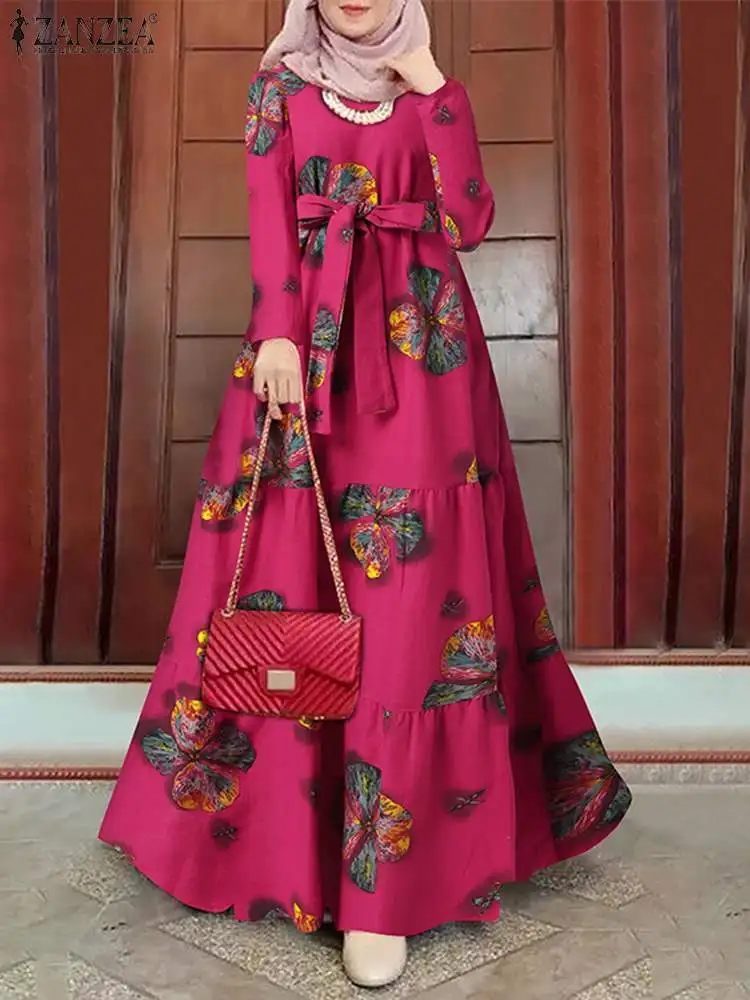

ZANZEA Vintage Floral Printed Holiday Party Sundress Women Long Sleeve Muslim Dress Kaftan Abaya Hijab Dress Ramadan Robe Femme
