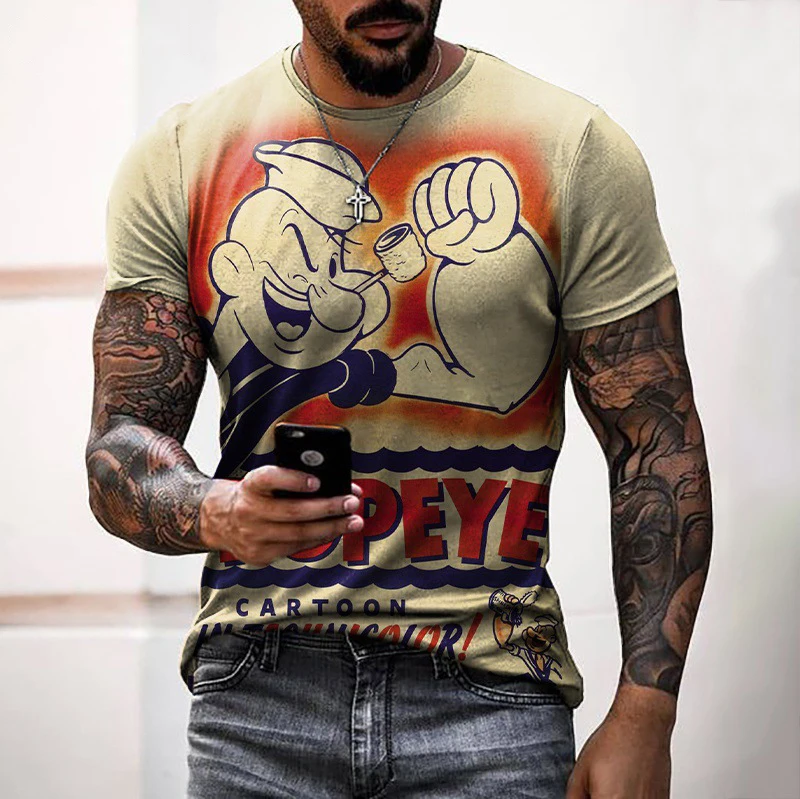 

2023 Summer Funny Design Popeye 3D Printed T Shirt Hot Fashion Trend Men's Quality T-shirt Boys Girls Loose O-Neck Tees Top