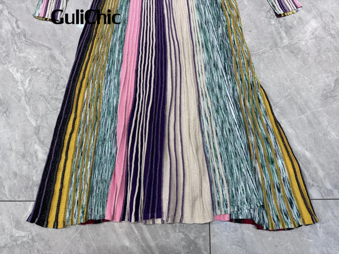 9.2 GuliChic Colorful Vertical Stripe V-Neck Bright Silk Knit Dress Women Elegant Fashion High Waist Split A-Line Pleated