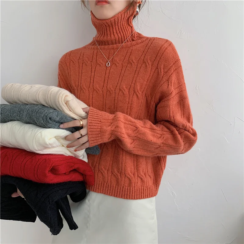 

Autumn Winter Women's Clothing Sweater Korean Fashion Retro Lazy Wind High Collar Orange Long Sleeves Knitting Pullover Top