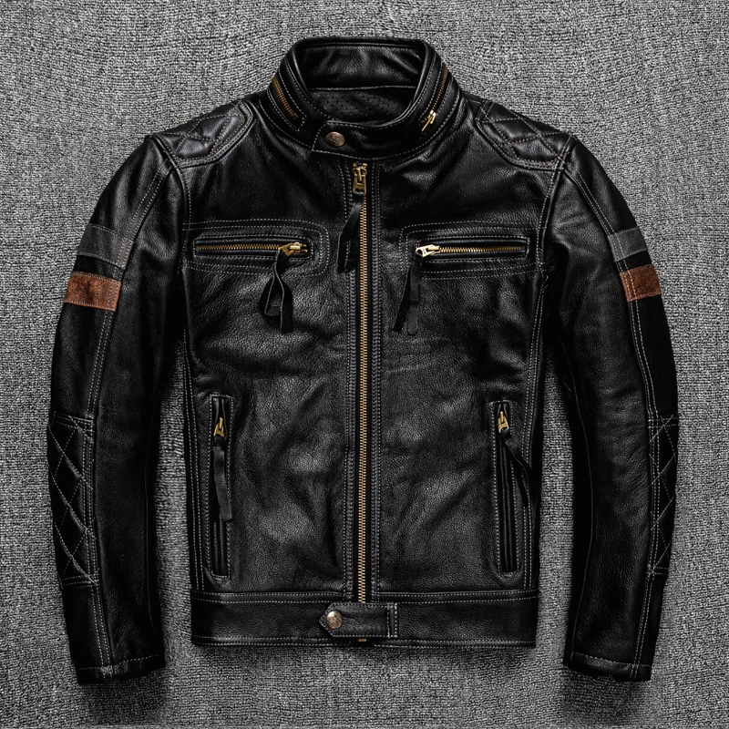 

Free shipping.2021 Brand new Pro motor biker real leather jacket.cool black men rider cowhide coat.quality thick leather cloth