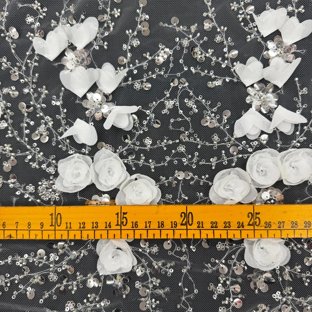 Фото Цветочное 3D тканевое платье с бисером, свадебное платье, сетчатая кружевная ткань с блестками и вышивкой №5