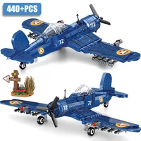 military ww2 series 440pcs army f4u fighter model building blocks moc propeller aircraft bricks toys for children adults gifts