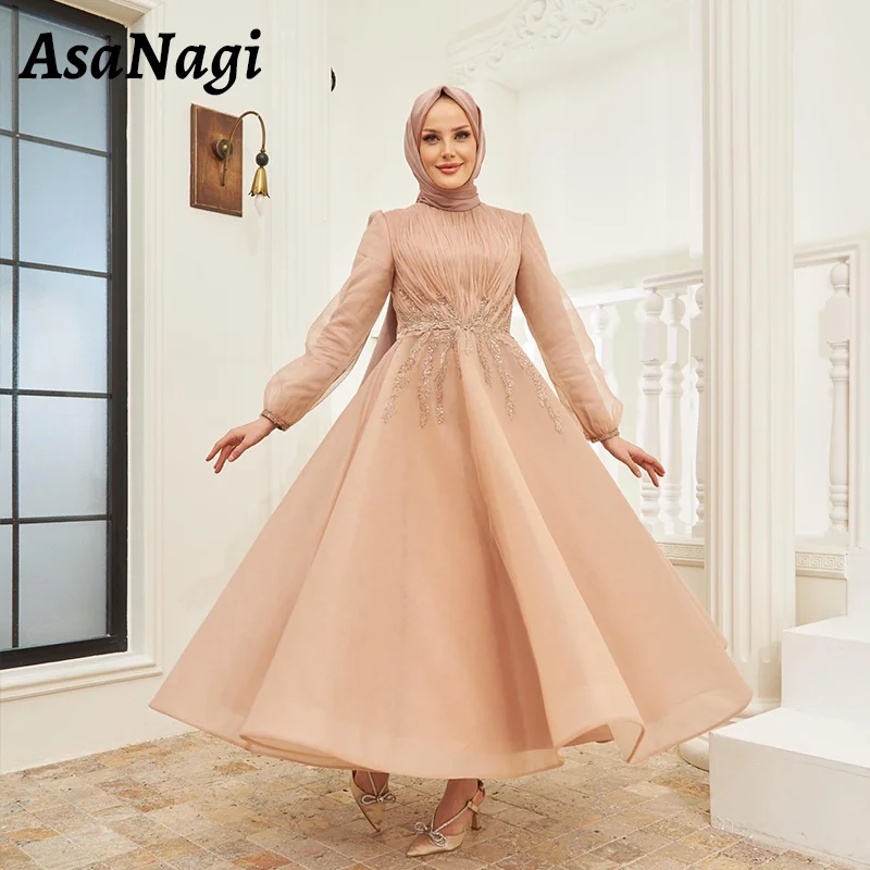 

AsaNagi A Line Beaded Muslim Evening Dresses Women's Appliqué Turtle Neck Party Prom Dress Ankle Wedding Special Occasion Gowns