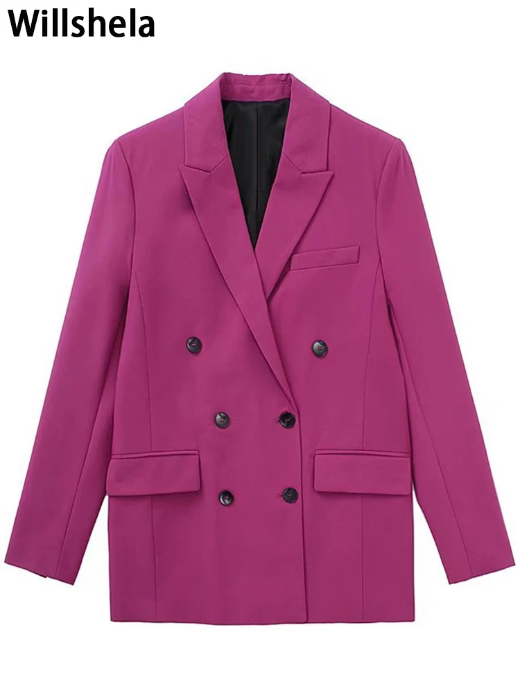

Willshela Women Fashion With Pockets Solid Double Breasted Blazer Vintage Notched Neck Long Sleeves Female Chic Lady Coats