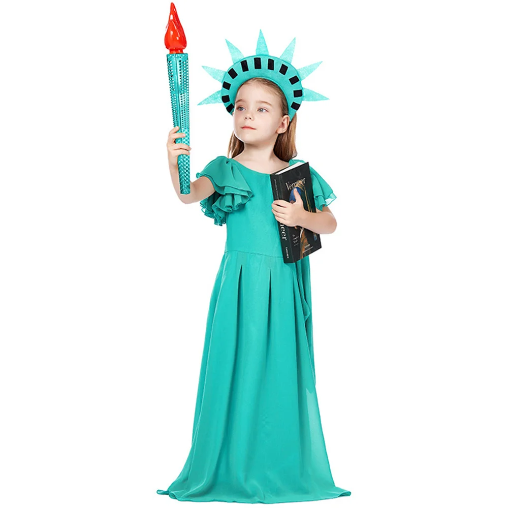 

Cute Girls American Statue Of Liberty Cosplay Ancient Greek Goddess Robe Costume Set Halloween Carnival Purim Party Fancy Dress