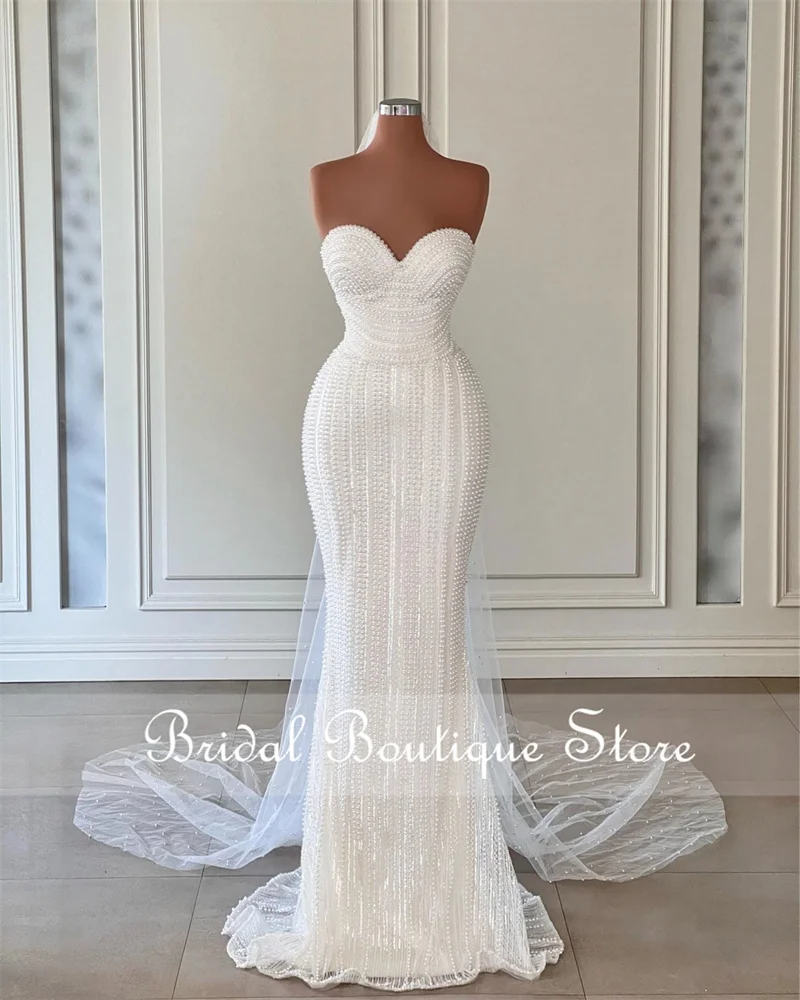 

Luxury Pearls Mermaid Wedding Dress 2023 With Veil Sweetheart Crystal High-End Bridal Gowns Robes De Mariée Custom