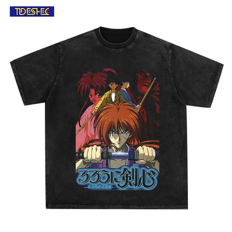 

Футболка мужская оверсайз в стиле хип-хоп с принтом японского аниме и графическим принтом, уличная одежда в стиле Харадзюку, футболка с коро...