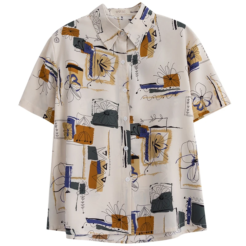 

Chiffon Comfort Summer Button Up Shirt Retro Elegant Apricot Floral Graffiti Blouse Loose Casual Office Lady Tops Korean Fashion