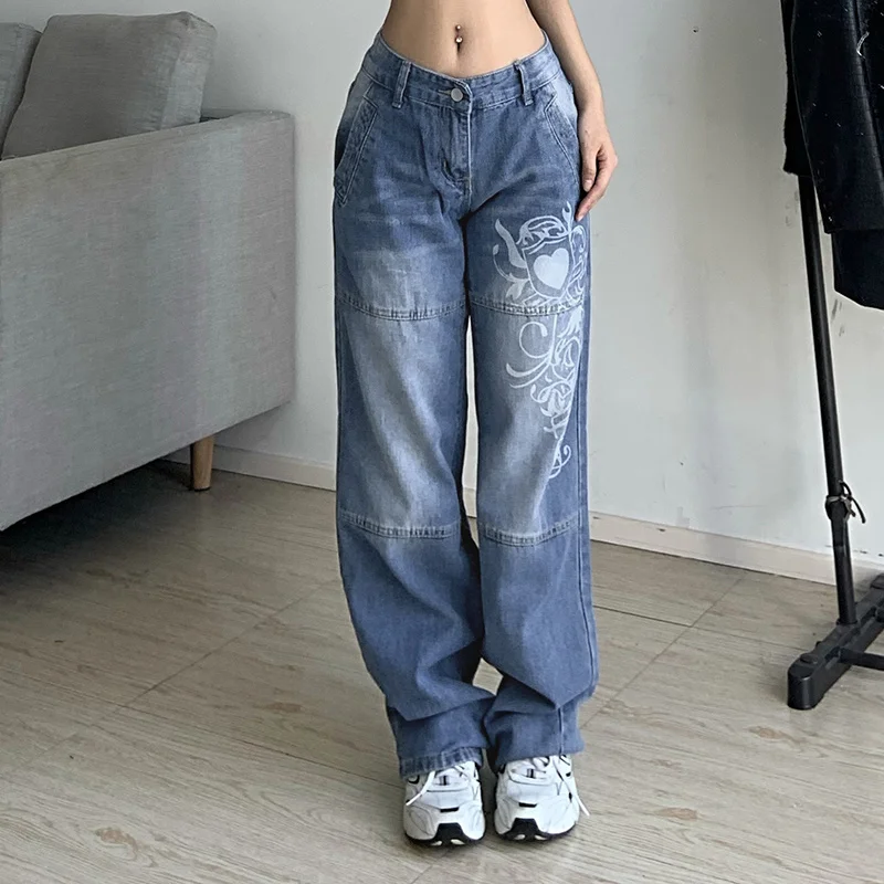 

Джинсы-карго с принтом Y2K, темно-синие и коричневые мешковатые джинсы с высокой талией в уличном стиле 90-х годов, женские брюки, прямые джинсы с широкими штанинами