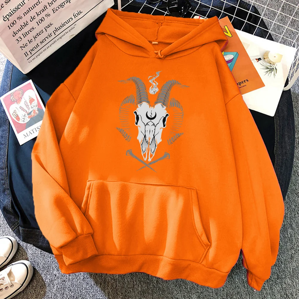 

Occult Goat Skull crescent flame nail Rock Prints Hoodie Men Hip Hop O-neck Clothes Fleece Pocket Sportswear Casual Pullover