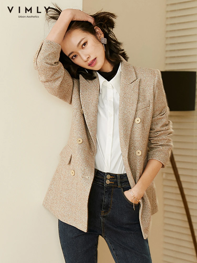 Женский двубортный Блейзер Vimly однотонный шерстяной пиджак в стиле ретро с