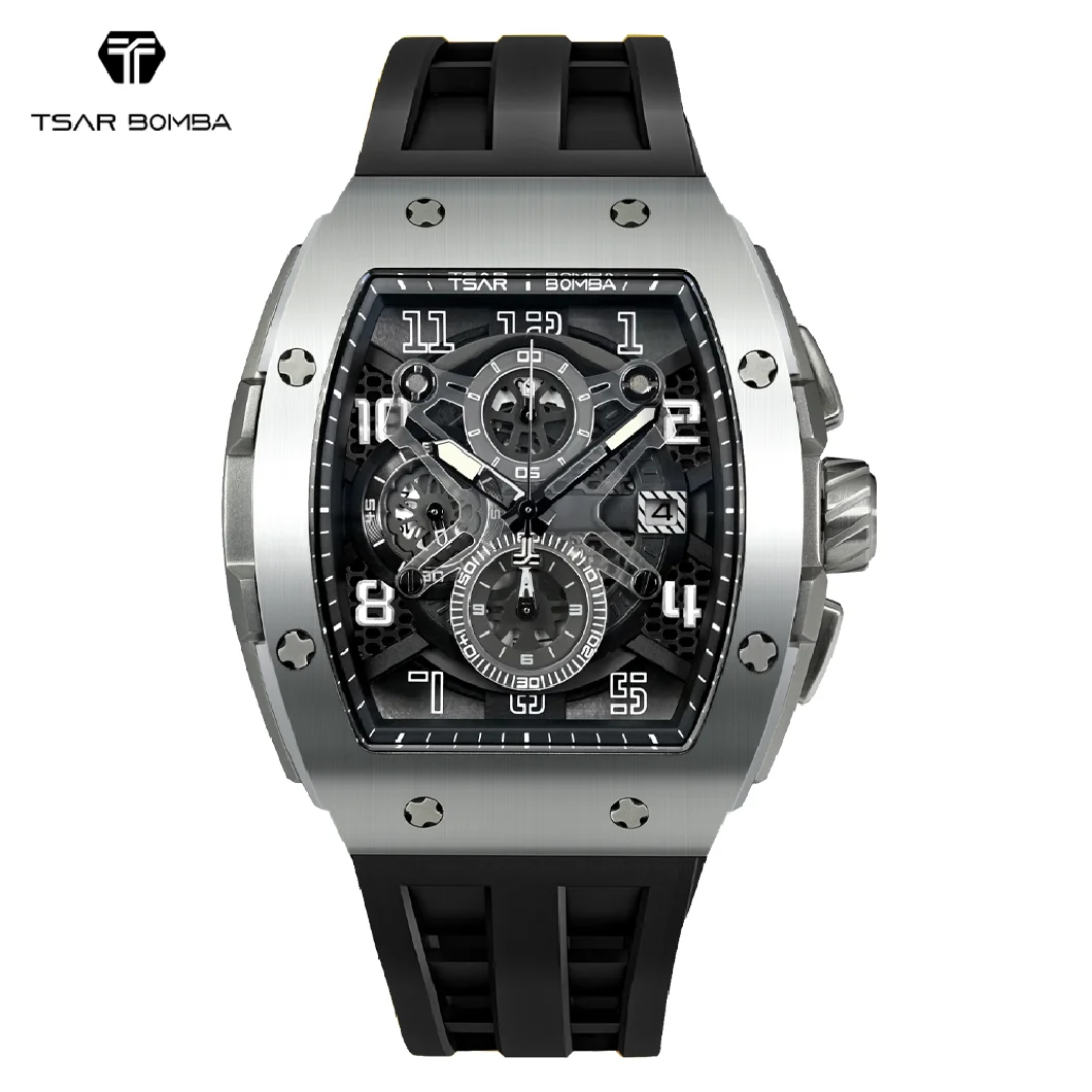 

TSAR BOMBA Mens Watch Luxury Quartz Rectangle Wristwatch for Men Tonneau Waterproof Clock Sapphire Chronograph Christmas Gift