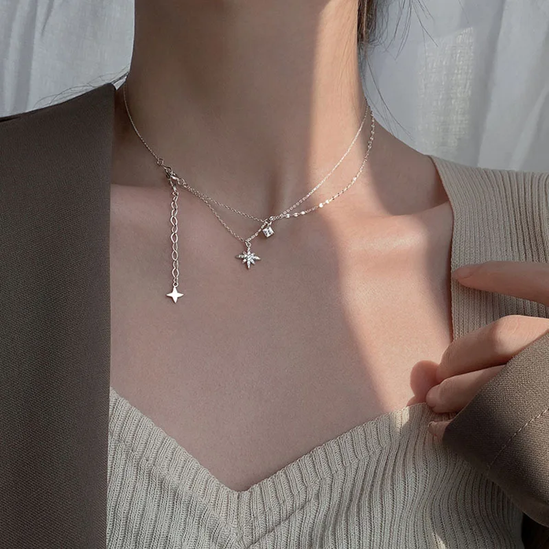 

New 925 Sterling Silver Star Necklace Shiny Layered Pendant Charm Versatile Choker Clavicle Chain Exquisite Accessory Party Gift