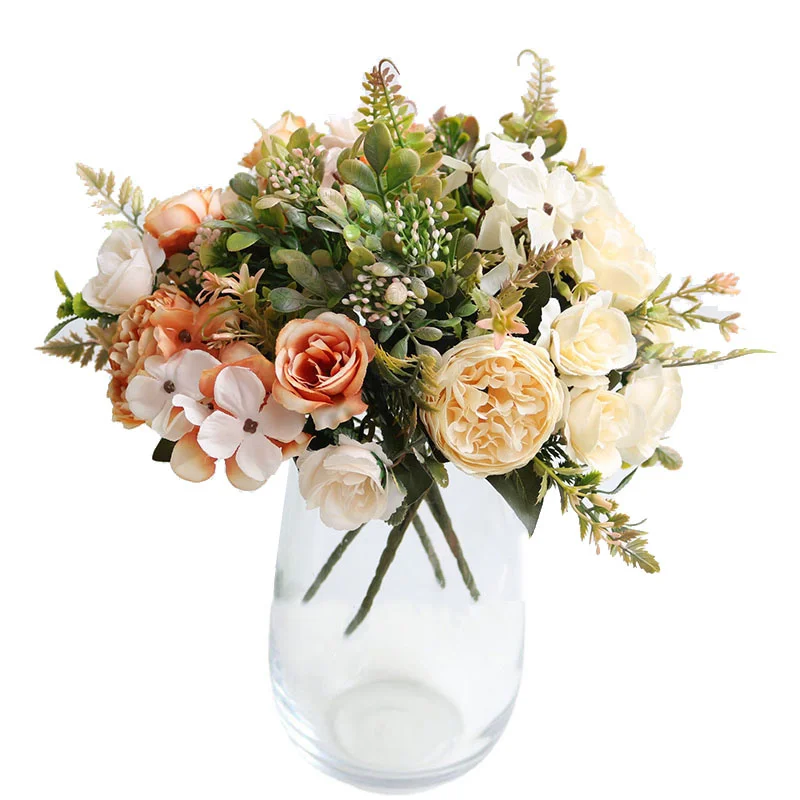 

Пионовые цветы с большой головкой, искусственный винтажный букет роз, свадебное украшение для дома, осенняя Гортензия, искусственные цветы,...