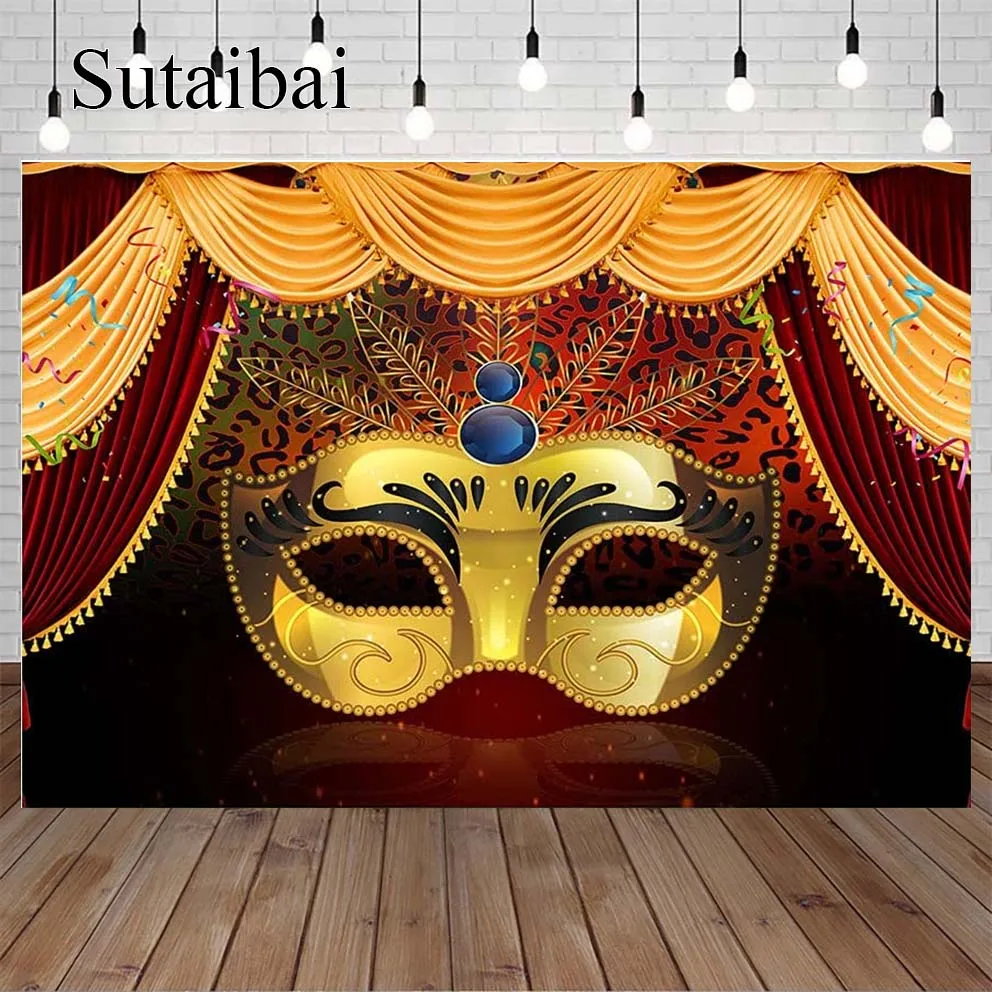 

Masquerade Backdrops Photography Golden Mask Carnival Background Mardi Gras Yellow Red Theater Stage Curtains Woman Photoshoot