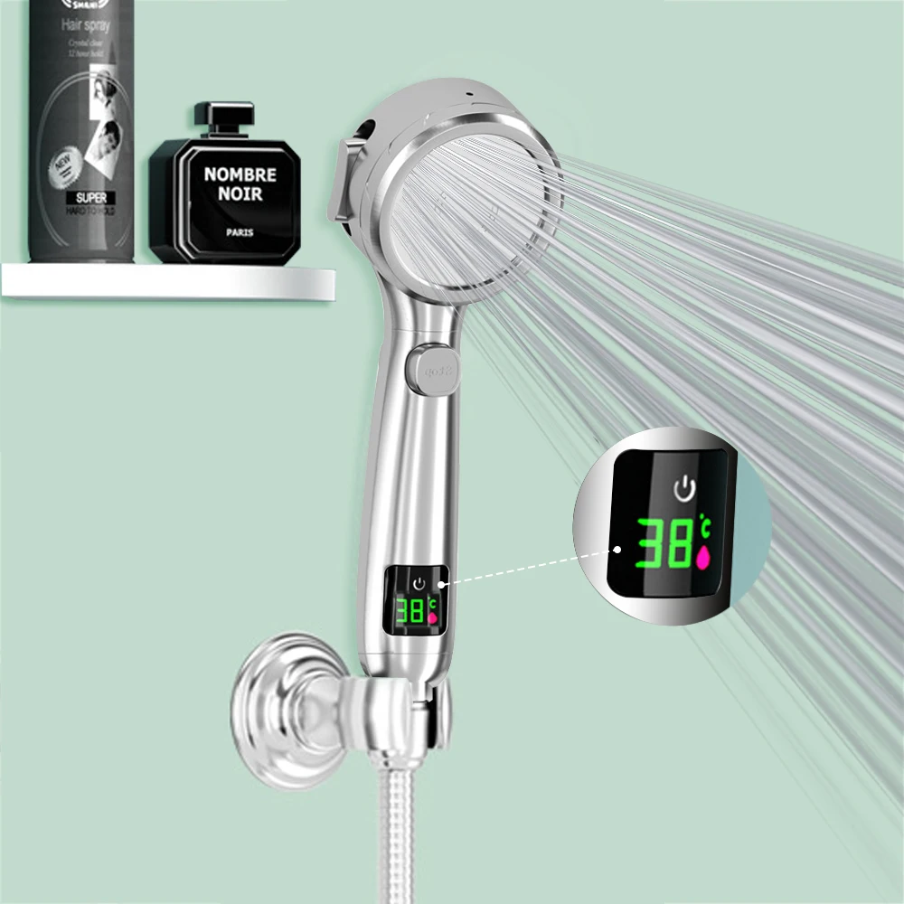 

Shower Nozzle Water Saving Handheld Shower Head Temperature Display 4 Mode Bathroom Accessories High Pressure