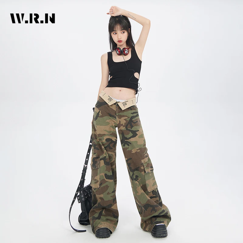 

Женские широкие брюки в американском стиле, повседневные камуфляжные свободные брюки в стиле ретро, винтажные брюки-карго с карманами в стиле хип-хоп, Y2k