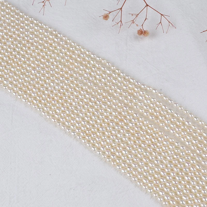 

3-4mm small size rice drop shape real genuine freshwater pearl bead string strand