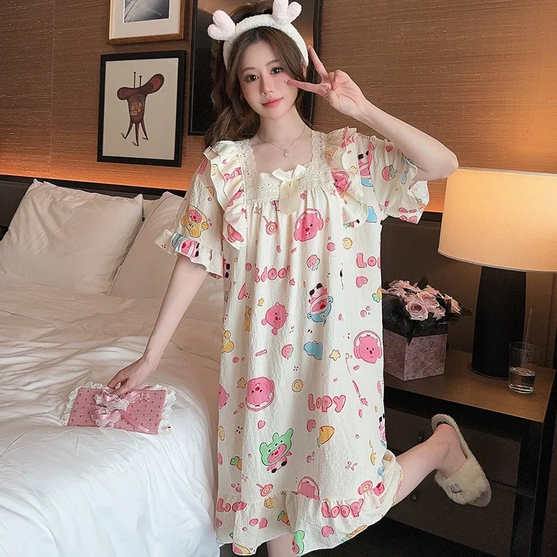 Летнее Хлопковое платье для сна из пузырьков Женская милая Домашняя одежда