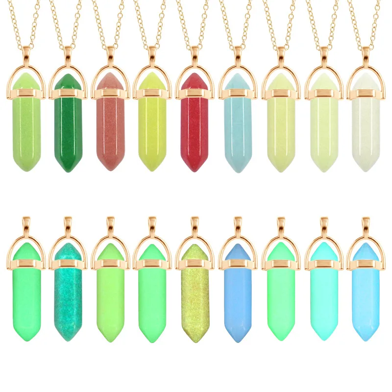 

10pcs Luminous Stone Charms Hexagonal Column Glass Crystal Chakra Healing Pendant for Jewelry Making Necklace Accessories