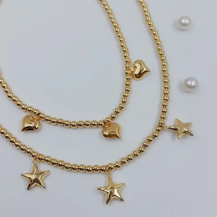 

New design choker cooper beads heart star charm necklace high quality copper with 18k gold plated necklace for men women