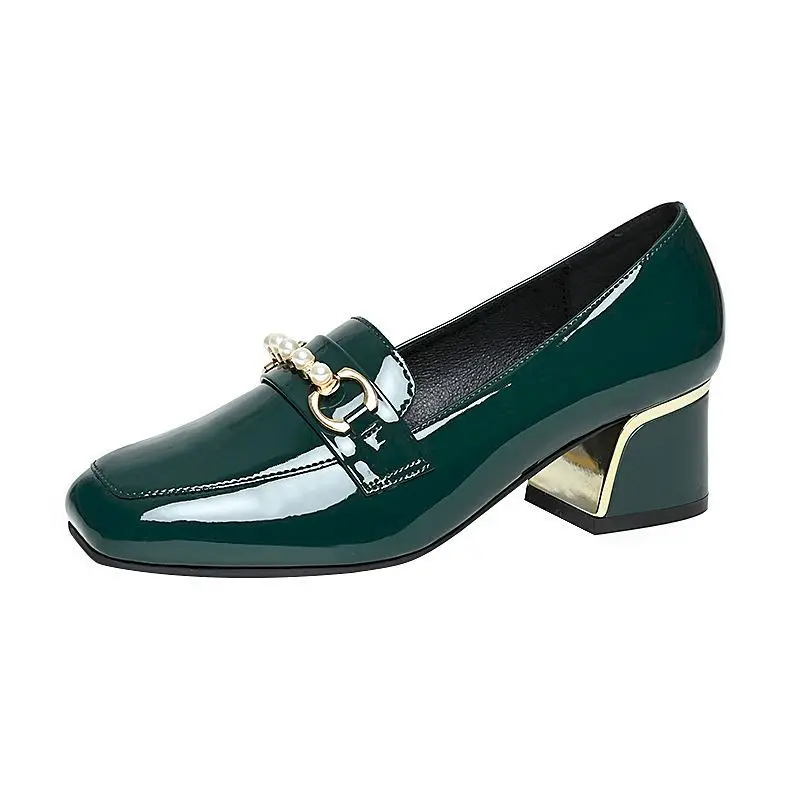 

Ricaqico Leather Women Heels 2022 Spring Single Shoes Medium Thick Heel Square Toe Light All-match Leather Shoes Womens Loafer