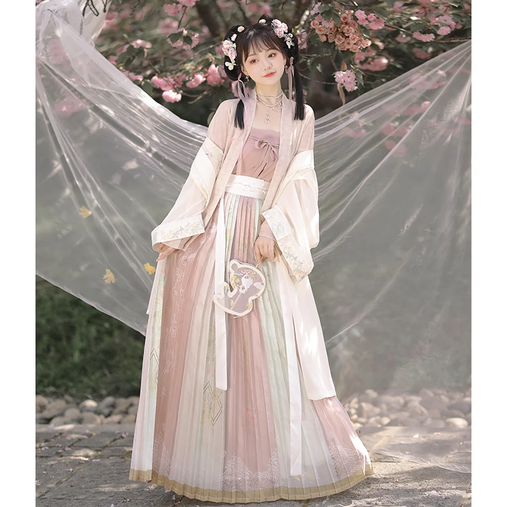 Chinese Style Song Dynasty Improved Hanfu Dresses Set Pink Green Spring Uniform Women Fairy Skirt Summer Yarn Jacket