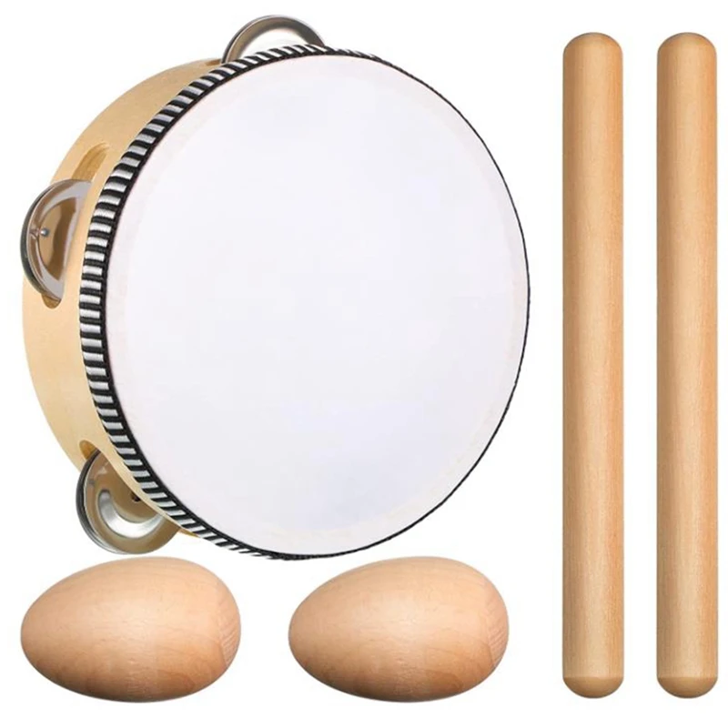 

-5 Pcs Musical Percussion,Including Natural Rhythm Sticks,Wooden Egg Rattles,Musical Tambourines,Kid's Musical Toy Gift