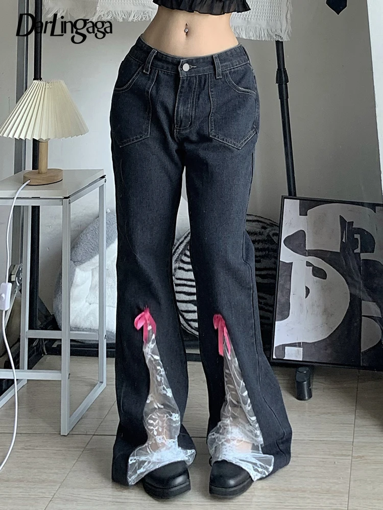 

Darlingaga Streetwear Y2K Lace Patchwork Flared Jeans Female Bow Retro Fashion Skinny Low Waist Pants 2000s Aesthetic Denim Cute