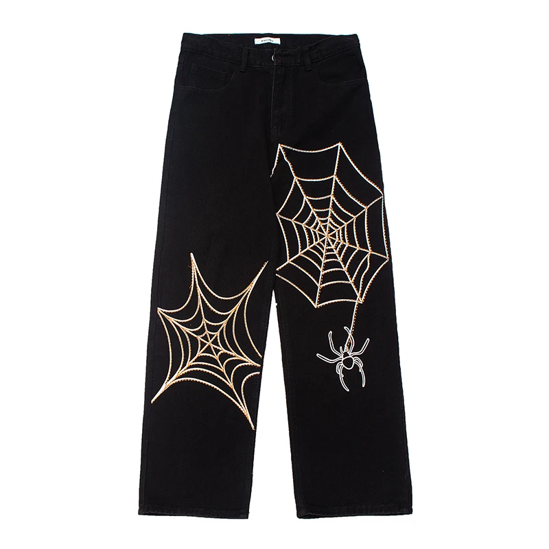 Emo Men Fashion Alt Spider Web Embroidery Straight Black Jeans Pants Ripped Oversize Loose Denim Trousers Streetwear Clothes