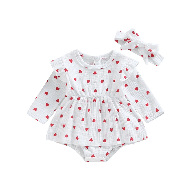 

Newborn Baby Girl Romper Floral Heart Print Long Sleeve Ruched Bodysuit Cute Cotton Linen Bubble Romper