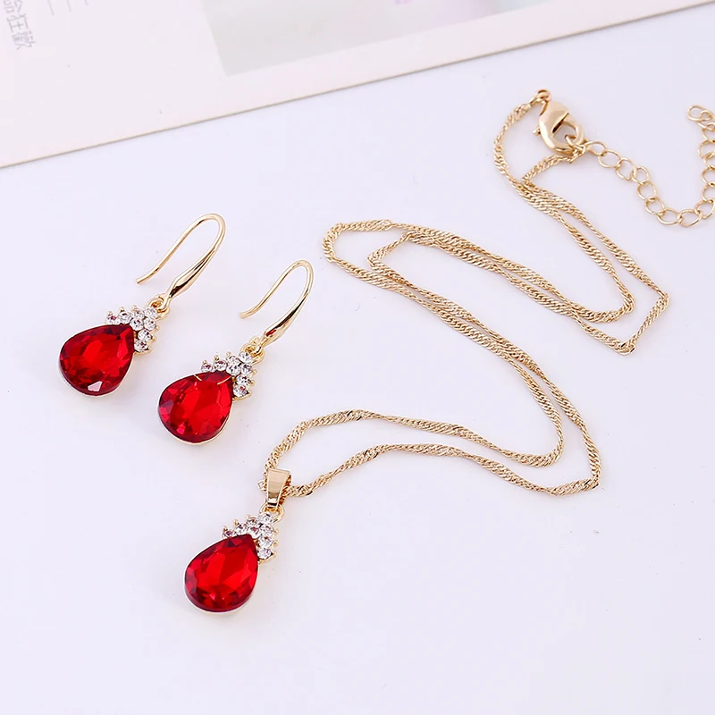 

Water Droplets Necklace Earrings Red Crystal Rhinestone for Women Trendy Elegant Jewelry Set Crystal Pendant Necklace+Earrings