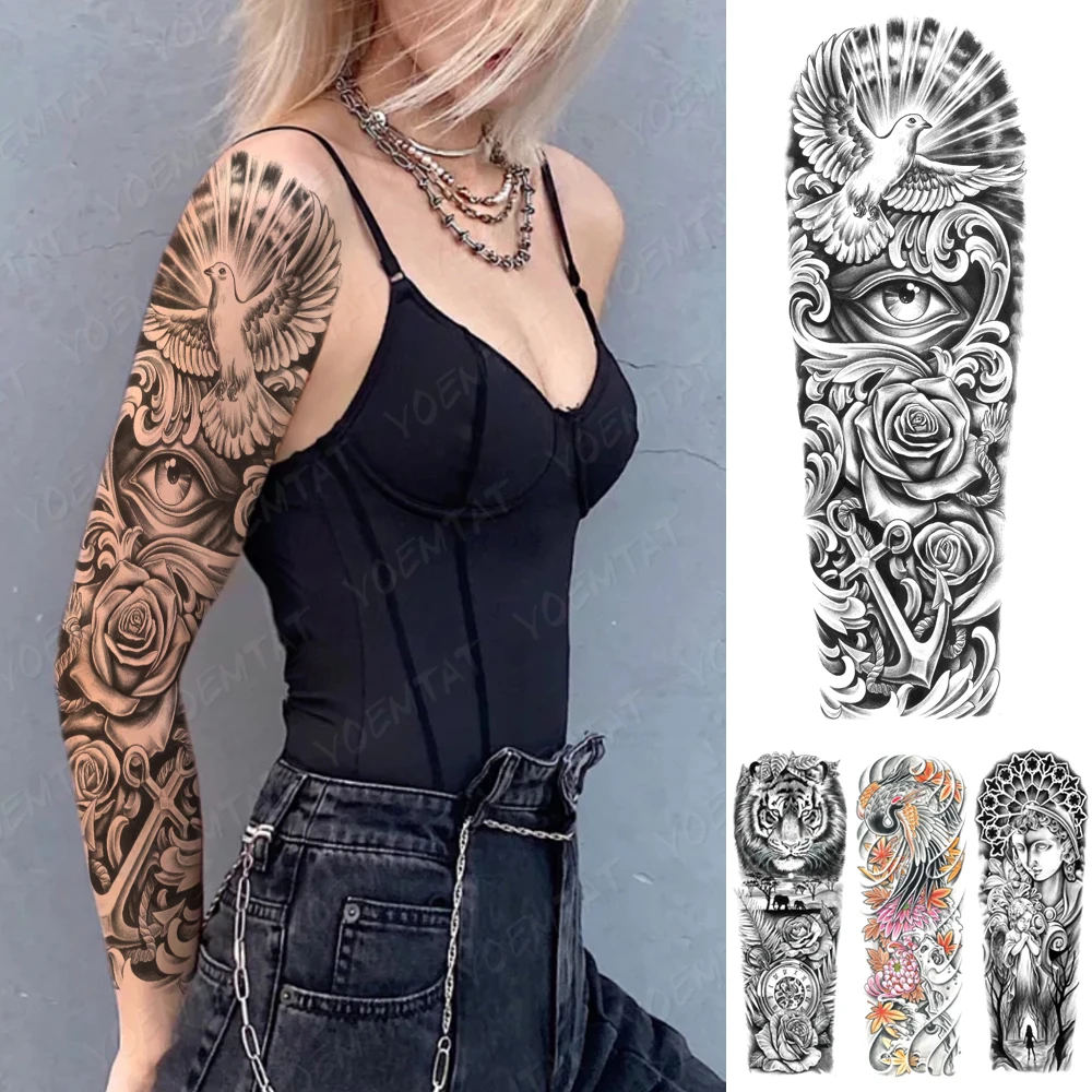 

Full Large Arm Sleeve Tattoo Rose Ship's Anchor Waterproof Temporary Tatoo Sticker Dove Eye Wave Body Art Men Women Fake Tattoos